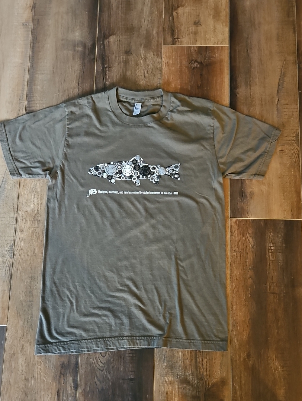 American Apparel Olive Short-Sleeve Tee with White Gear Fish Design-Abel